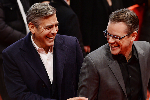 BERLIN, GERMANY - FEBRUARY 08:  George Clooney, Matt Damon and Luciana Barroso attend 'The Monuments Men' premiere during 64th Berlinale International Film Festival at Berlinale Palast on February 8, 2014 in Berlin, Germany.  (Photo by Ian Gavan/Getty Images)