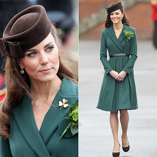 ALDERSHOT, ENGLAND - MARCH 17:  Catherine, Duchess of Cambridge takes part in a St Patrick's Day parade as she visits Aldershot Barracks on St Patrick's Day on March 17, 2012 in Aldershot, England. The Duchess presented shamrocks to the Irish Guards at a St Patrick's Day parade during her visit. (Photo by Chris Jackson-WPA Pool/Getty Images)